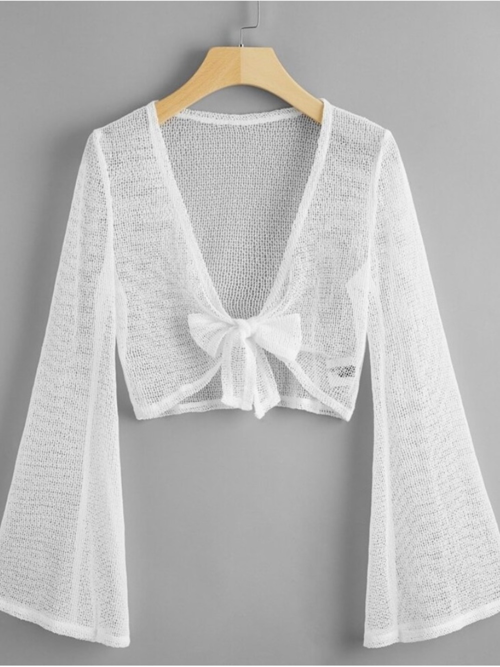 NWOT SHEIN White Crochet Tie Knot Front Bell Sleeve Kimono Top